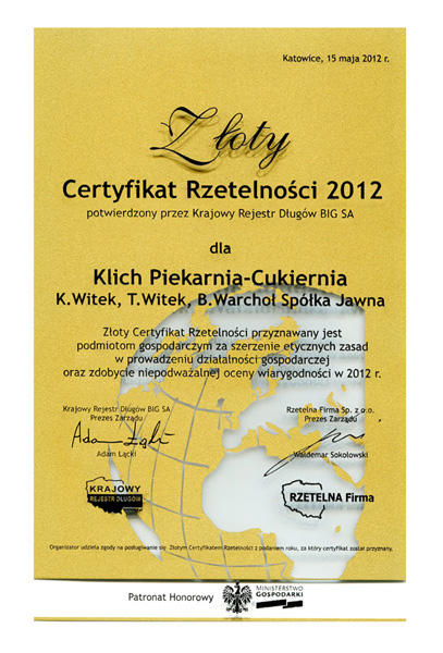 Złoty certyfika rzetelności 2012